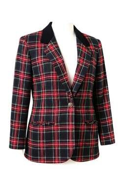 Vintage Sag Harbor Red Plaid Wool Blend Blazer Jacket 12P with Velvet Collar